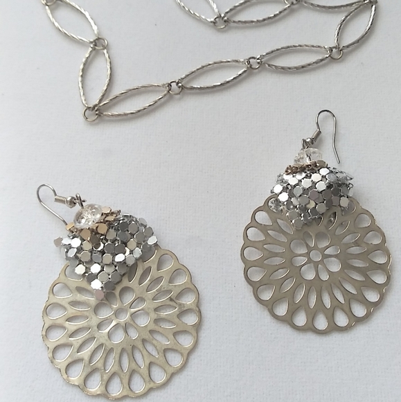 Oval link Sterling necklace with mesh earrings - Picture 2 of 5